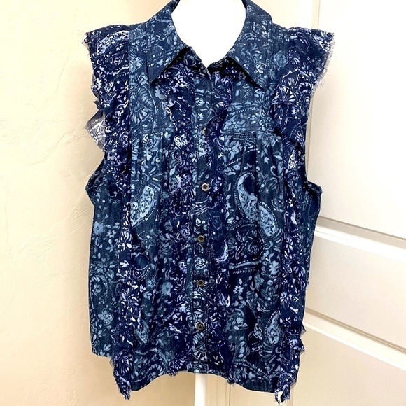 NWT PILCRO Denim Cropped Vest Top Blouse Womens XL button up Bohemian cropped - Picture 2 of 9